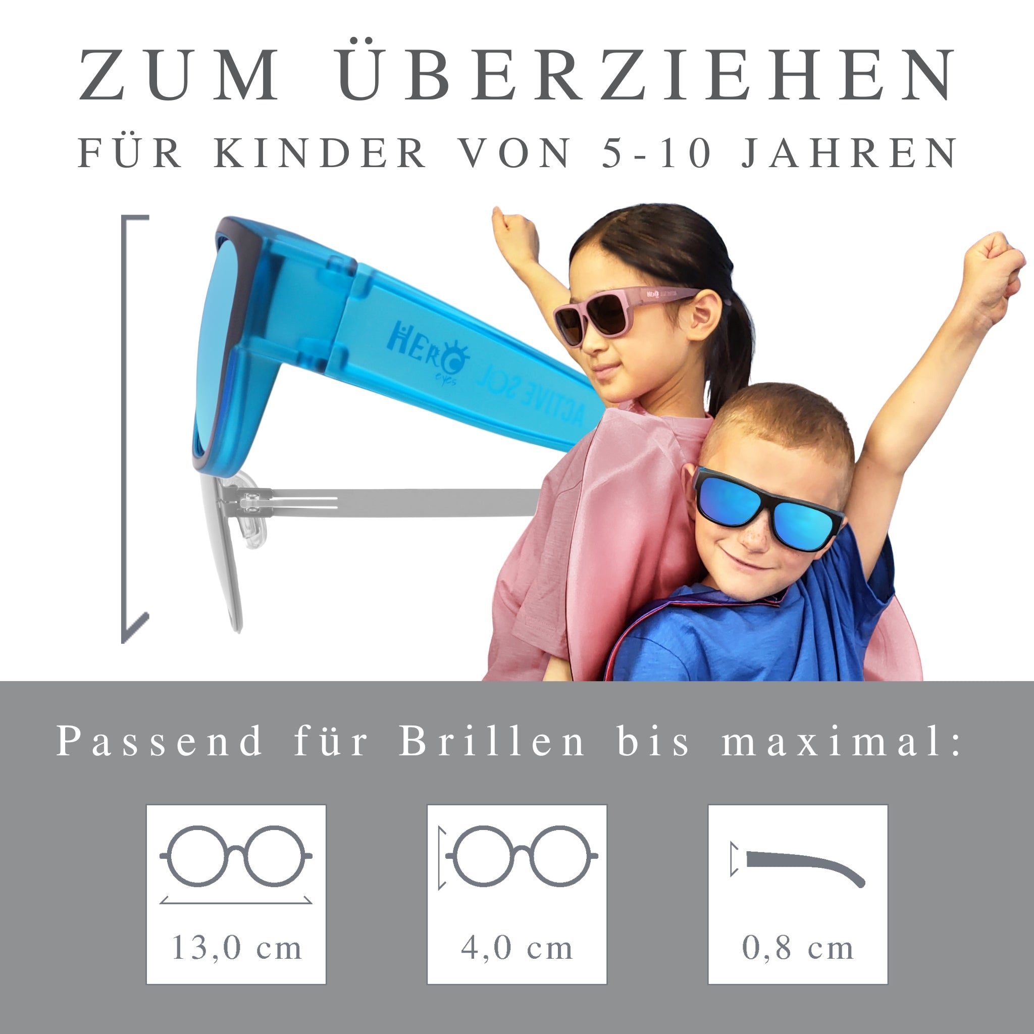 Kinder-Überzieh-Sonnenbrille HERO EYES, 5 – 10 Jahre , Blau verspiegelt , Brillenträger Jungen Lotus-Effekt Mädchen New Polarisiert Unisex UV400 Überzieh-Sonnenbrille