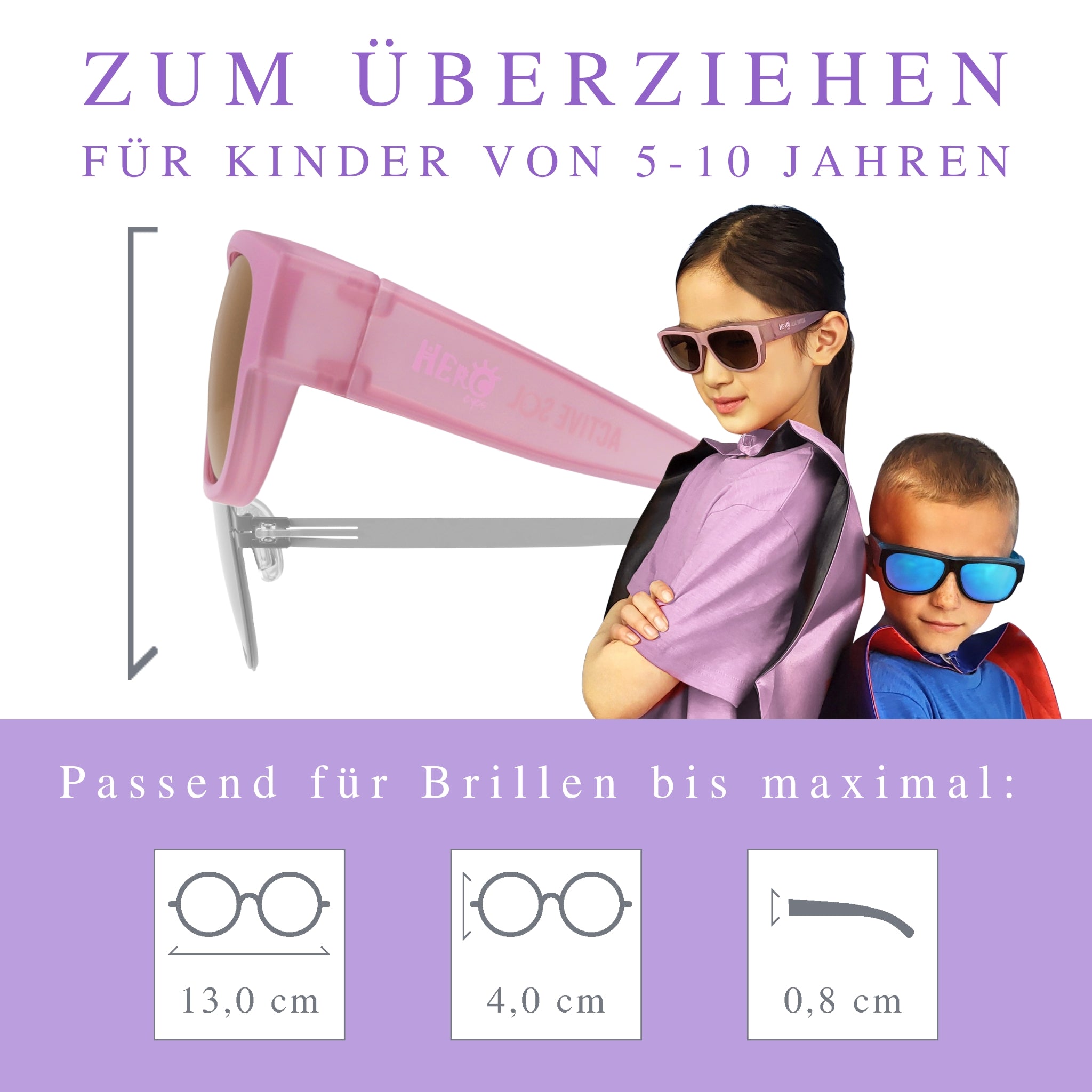 Kinder-Überzieh-Sonnenbrille HERO EYES, 5 – 10 Jahre , Rosé , Brillenträger Jungen Lotus-Effekt Mädchen New Polarisiert Unisex UV400 Überzieh-Sonnenbrille